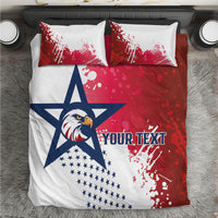 Bedding set: red-and-white duvet with navy star and eagle logo, plus two matching pillows