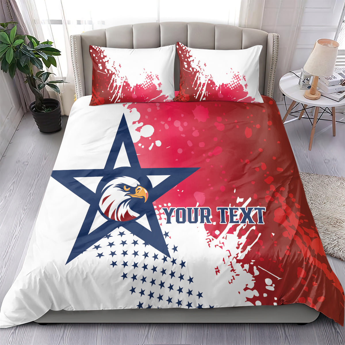 Bedding set with red, white, and blue splatter flag print, eagle face, and star emblem