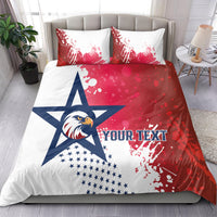 Bedding set with red, white, and blue splatter flag print, eagle face, and star emblem