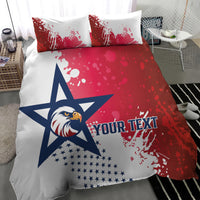 Bedding set with red, white, and blue eagle, stars, and splatter print on duvet and pillows