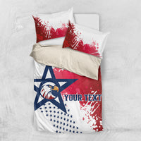 Bedding set with red-and-white duvet and pillows featuring eagle, stars, and custom text area