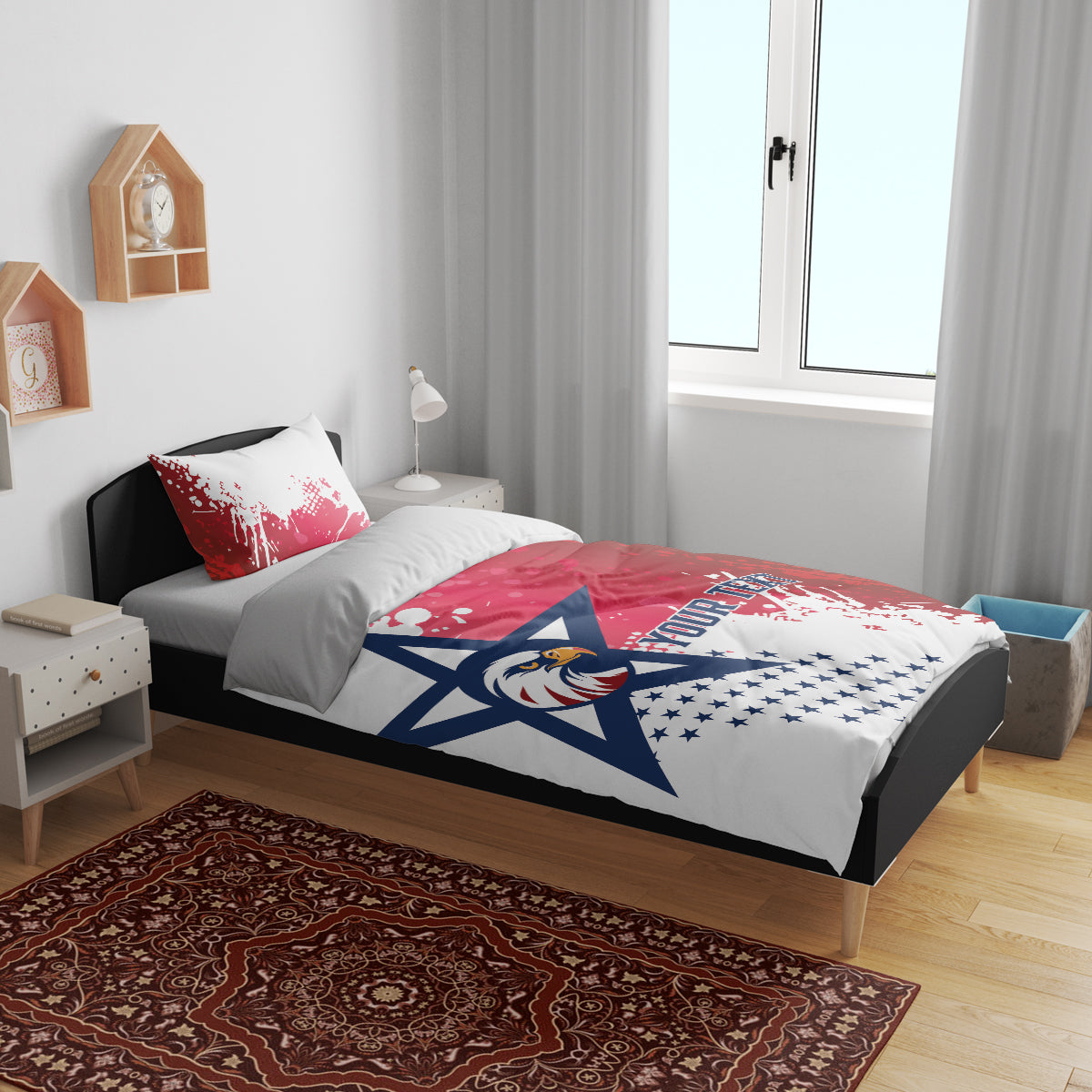 Bedding set with eagle-and-star flag artwork in red, white, and blue on duvet cover