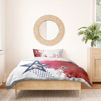 Bedding set featuring red-and-white splatter flag design with eagle and star graphic on duvet
