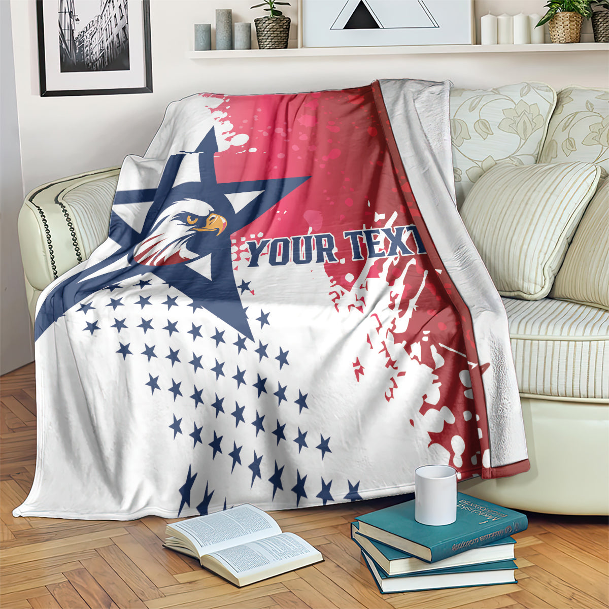 Rugby blanket, red white and blue eagle and star pattern with 'YOUR TEXT' print