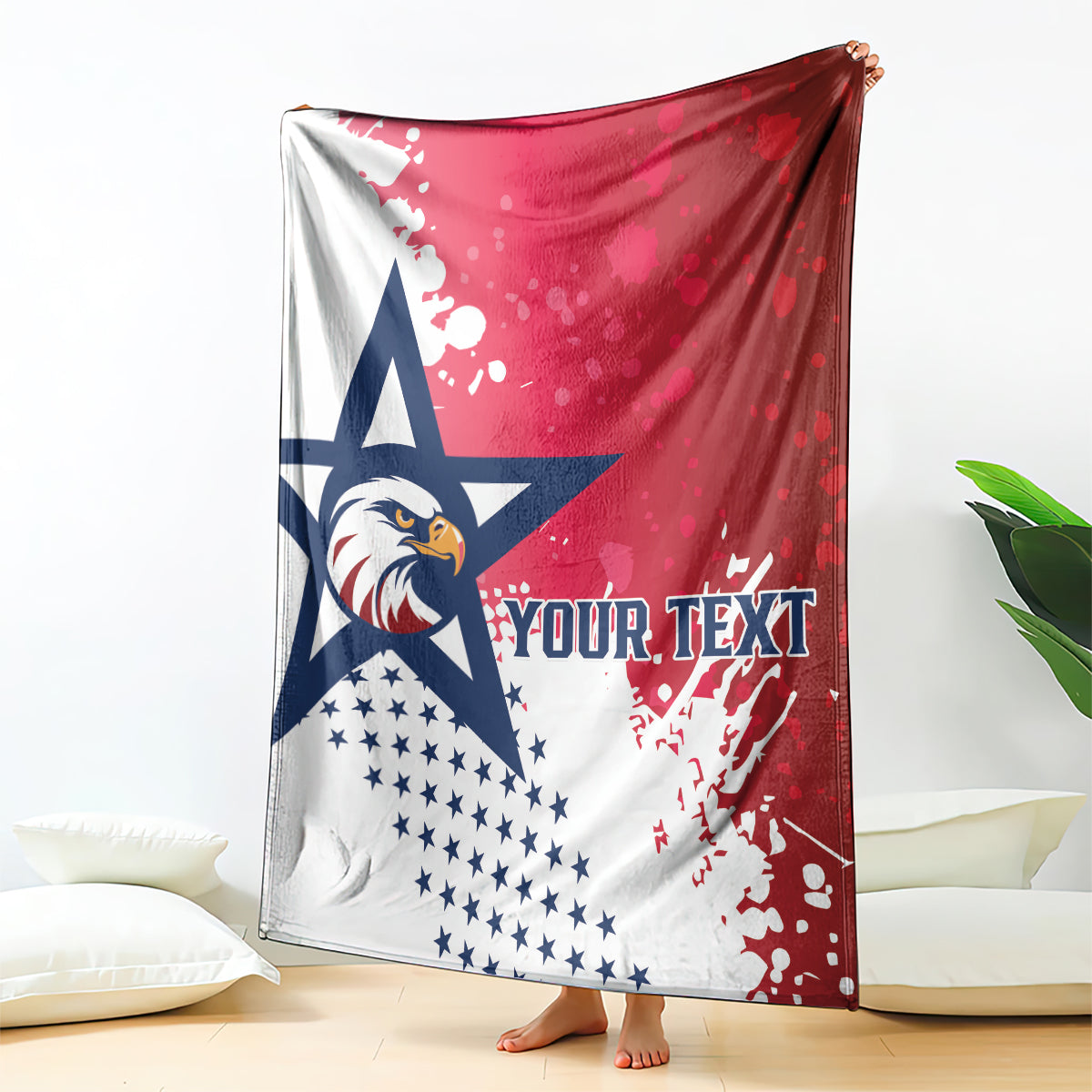 Rugby blanket in red, white, blue with eagle and stars; 'YOUR TEXT' print