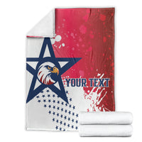 Red white blue rugby blanket with eagle and stars, 'YOUR TEXT' design; folded