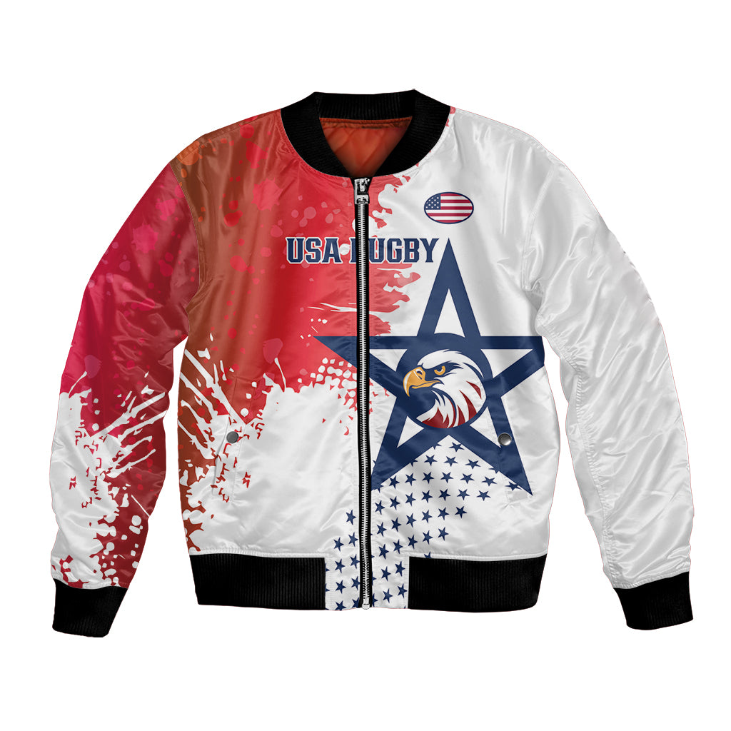 Red and white bomber jacket with USA Rugby star graphics, zip front, ribbed cuffs