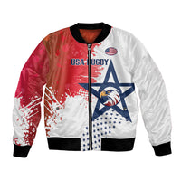 Red and white bomber jacket with USA Rugby star graphics, zip front, ribbed cuffs