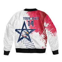 White and red bomber jacket back with star graphic, 'YOUR TEXT 14', ribbed hem