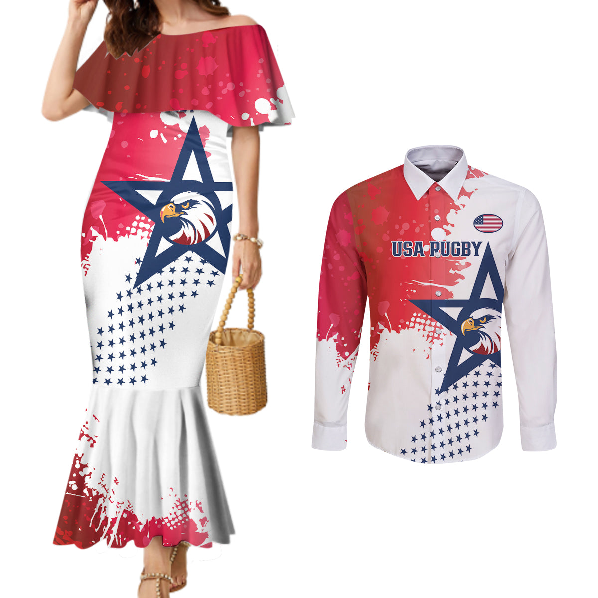 Custom United States Rugby Couples Matching Mermaid Dress and Long Sleeve Button Shirt 2024 Pacific Go Eagles