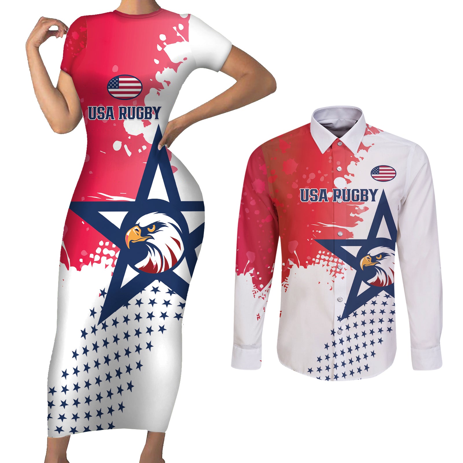 Custom United States Rugby Couples Matching Short Sleeve Bodycon Dress and Long Sleeve Button Shirt 2024 Pacific Go Eagles - Wonder Print Shop