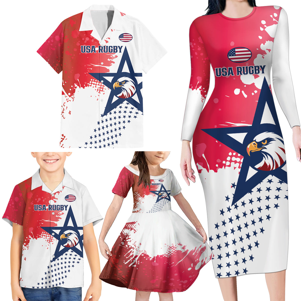 Custom United States Rugby Family Matching Long Sleeve Bodycon Dress and Hawaiian Shirt 2024 Pacific Go Eagles - Wonder Print Shop