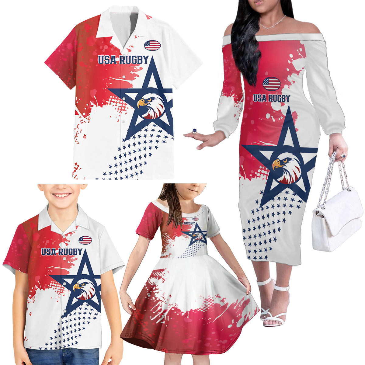 Custom United States Rugby Family Matching Off The Shoulder Long Sleeve Dress and Hawaiian Shirt 2024 Pacific Go Eagles - Wonder Print Shop