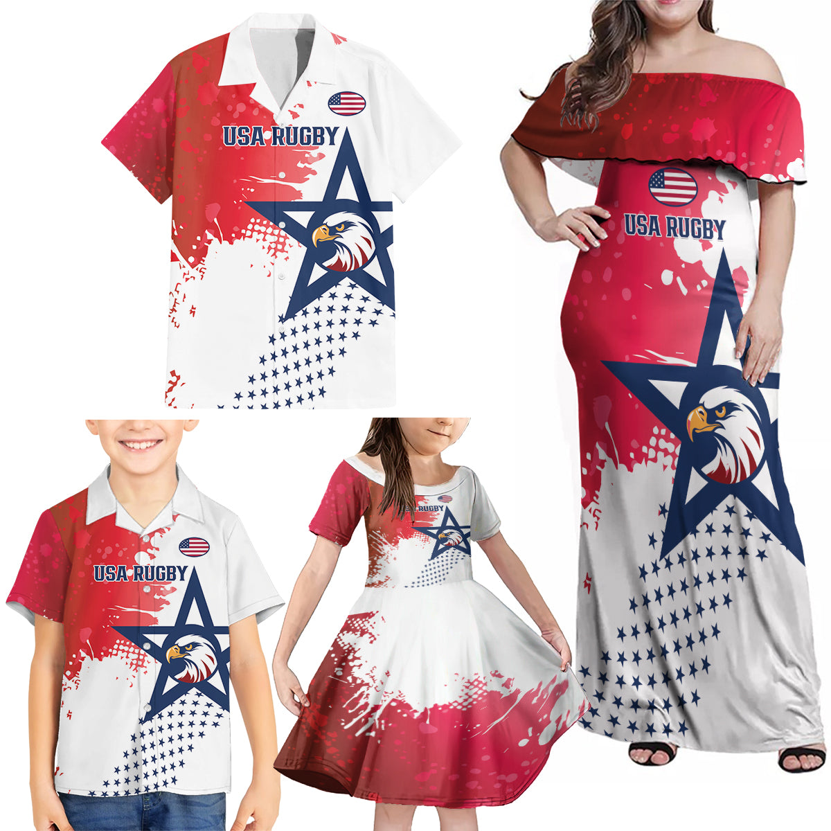 Custom United States Rugby Family Matching Off Shoulder Maxi Dress and Hawaiian Shirt 2024 Pacific Go Eagles - Wonder Print Shop