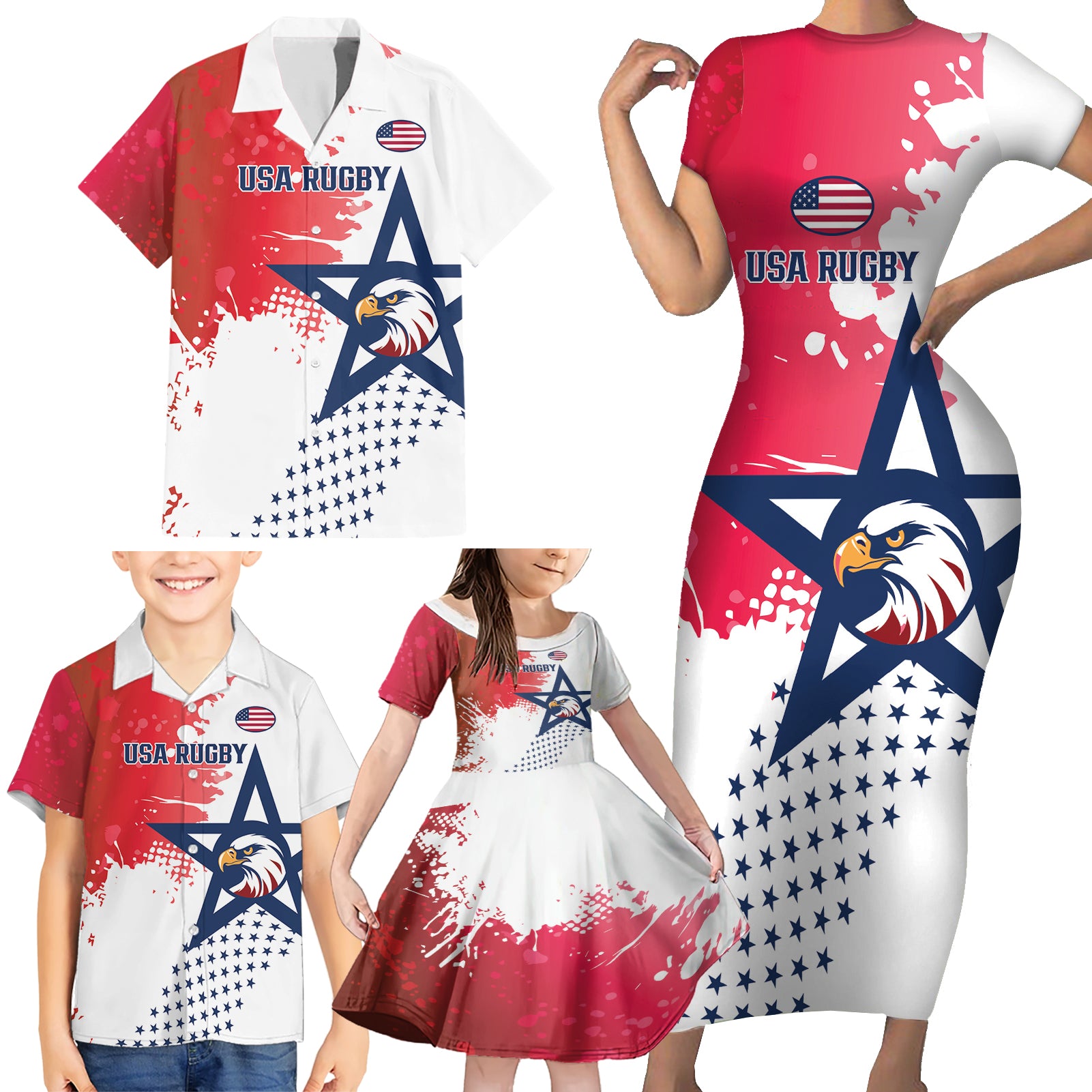 Custom United States Rugby Family Matching Short Sleeve Bodycon Dress and Hawaiian Shirt 2024 Pacific Go Eagles - Wonder Print Shop