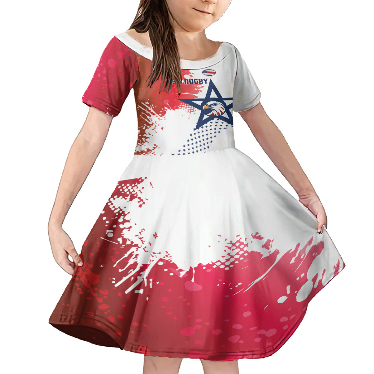 Custom United States Rugby Kid Short Sleeve Dress 2024 Pacific Go Eagles - Wonder Print Shop