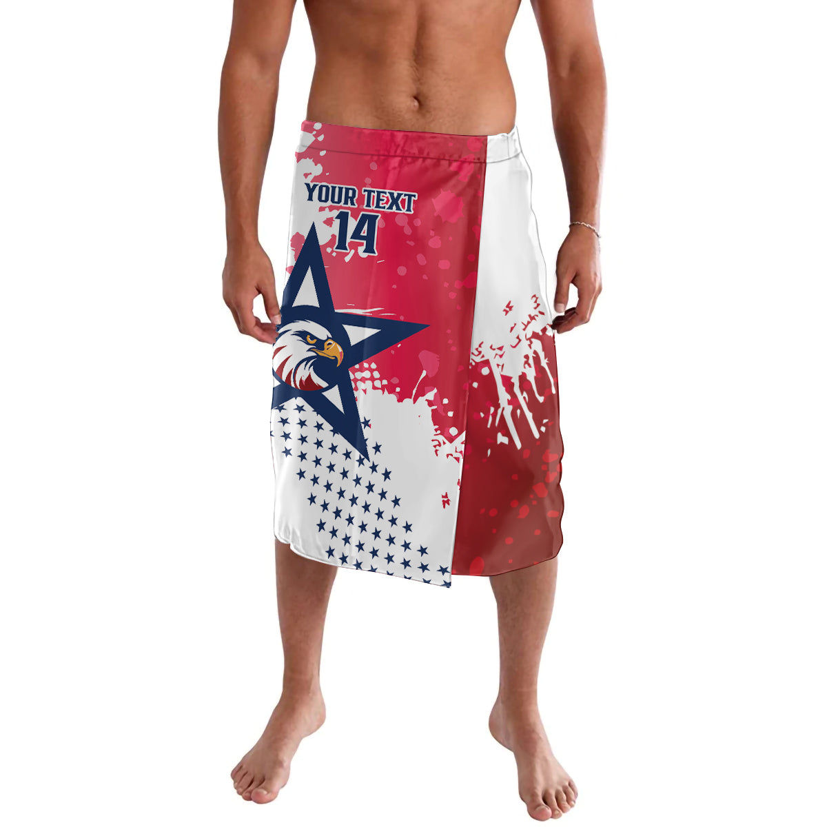 Red and white board shorts with eagle graphic, stars, stripes, and number 14
