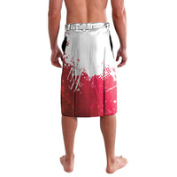 Red and white board shorts with full splatter pattern and elastic waistband