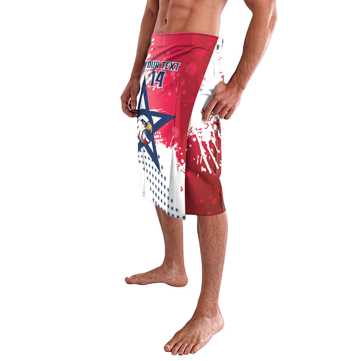 Red and white board shorts with eagle emblem, stars, stripes, and side panel
