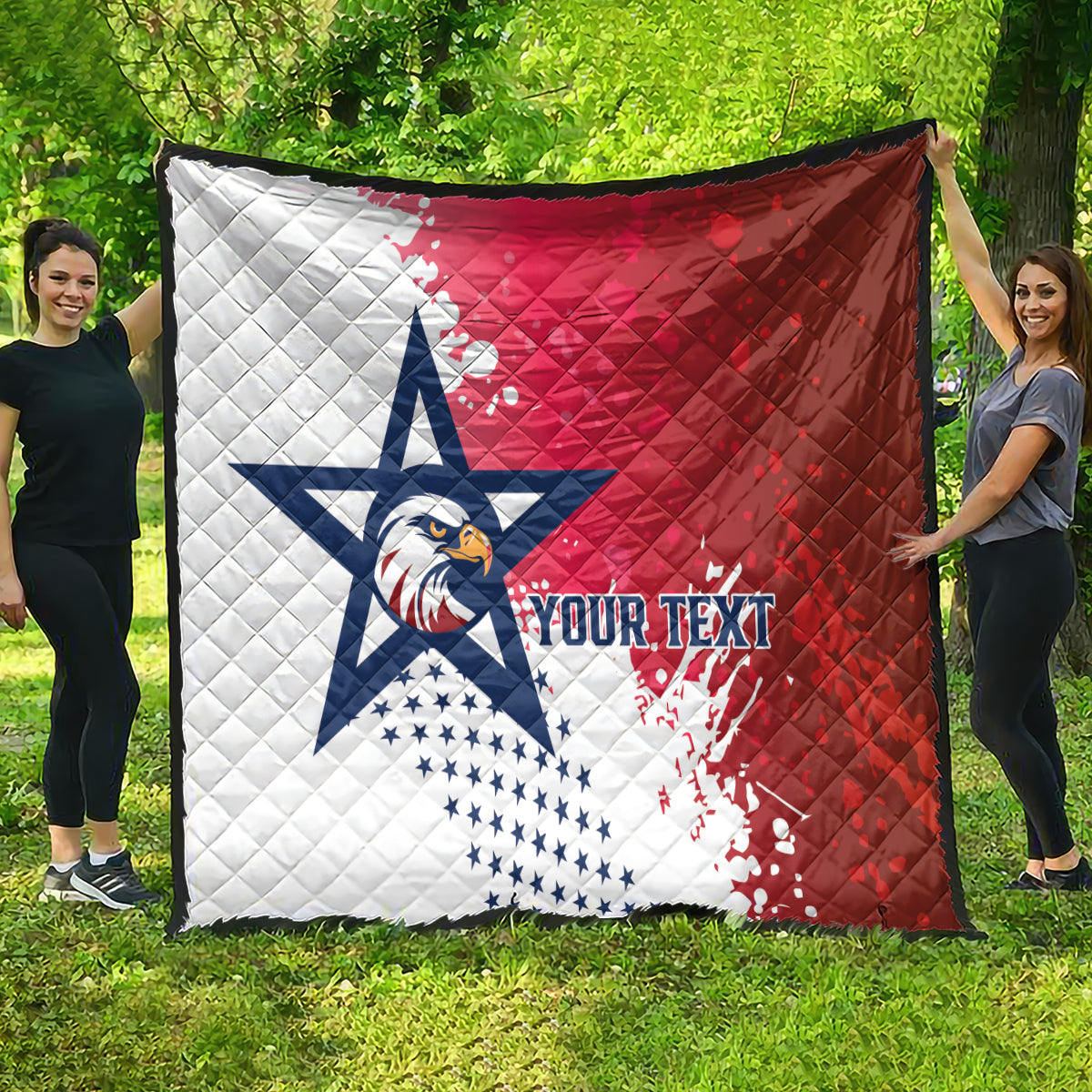 Red/white/blue quilted throw blanket with star-and-eagle graphic and custom text
