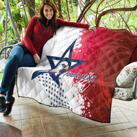 Quilted red/white/blue throw with star-and-eagle logo and custom text, draped