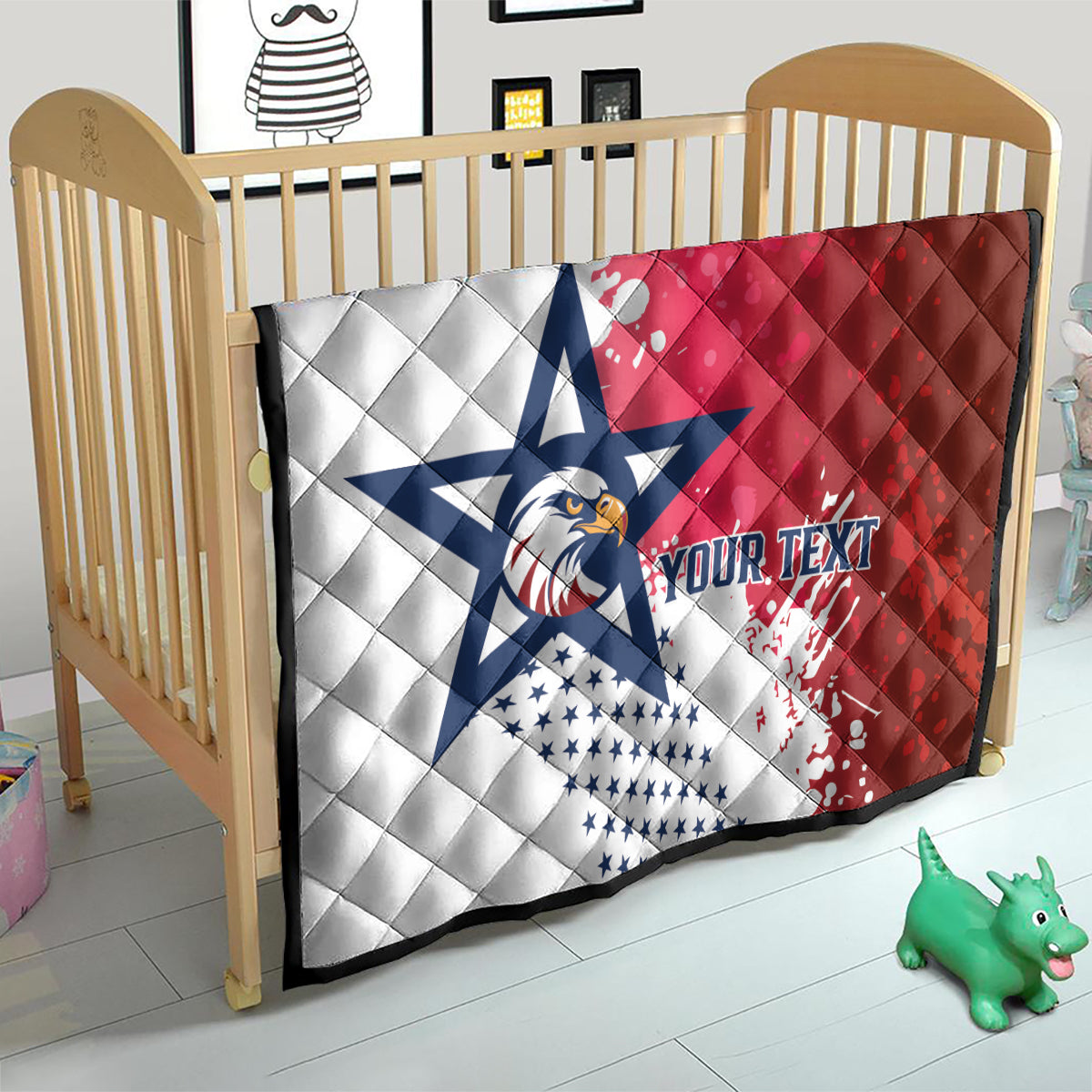 Red/white/blue quilted baby bed throw with star-and-eagle logo and custom text