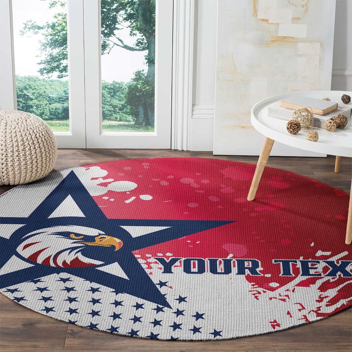 Red round rug with US eagle logo, stars-and-stripes and red-white splatter print