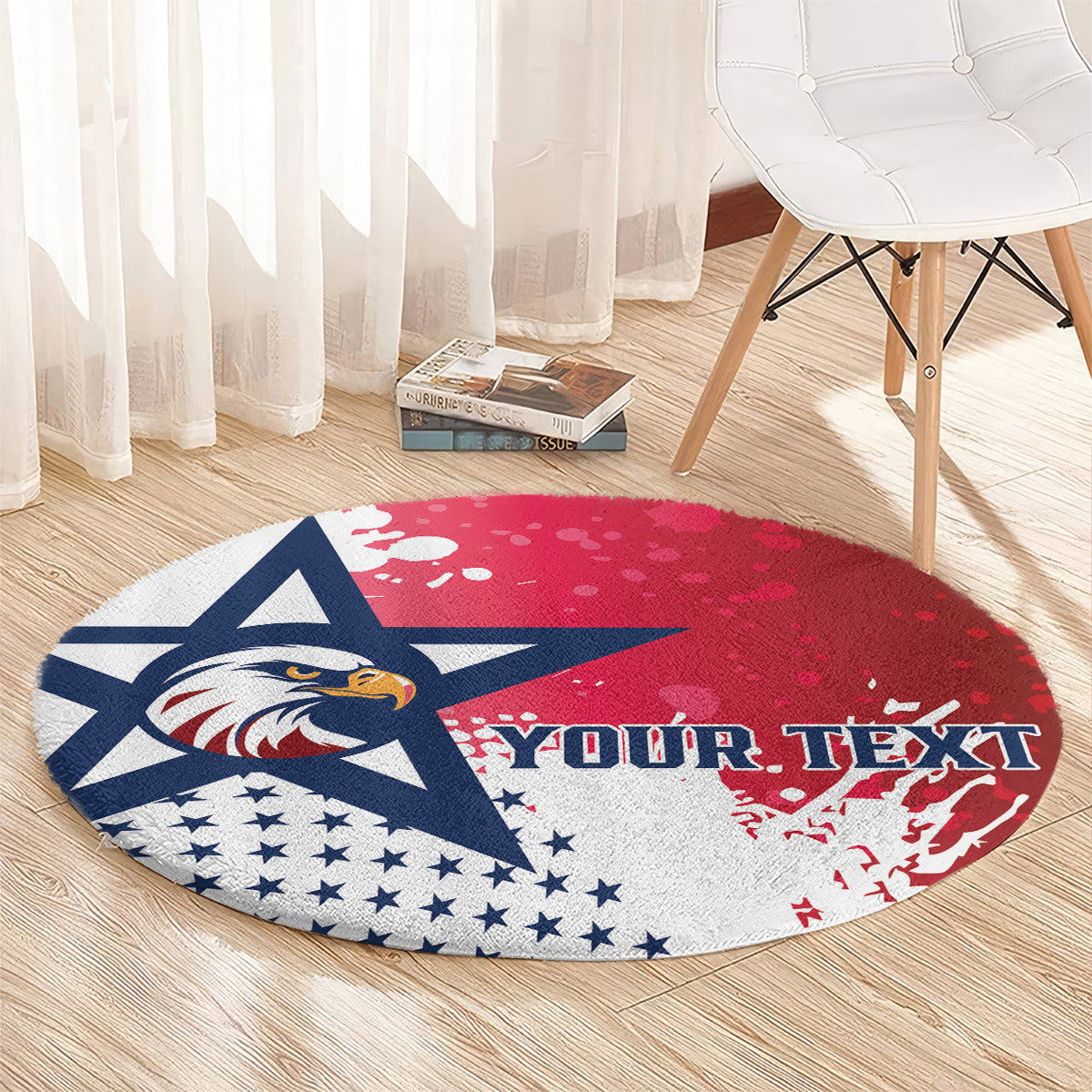 Red round rug with eagle emblem, stars panel and YOUR TEXT graphic