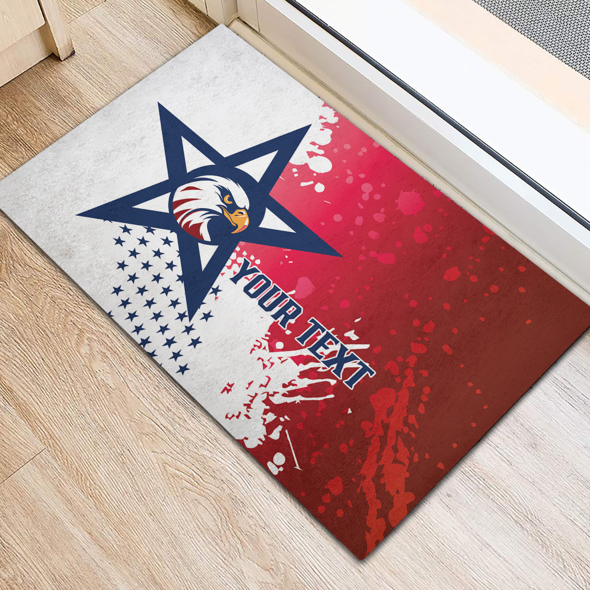 Red and white doormat featuring navy star eagle logo and 'YOUR TEXT' across it.