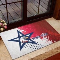 Red and white doormat with eagle logo inside navy star and 'YOUR TEXT' text.