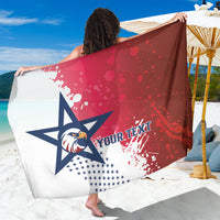 Red custom rugby-style sarong with eagle emblem, stars, and white splatter graphic