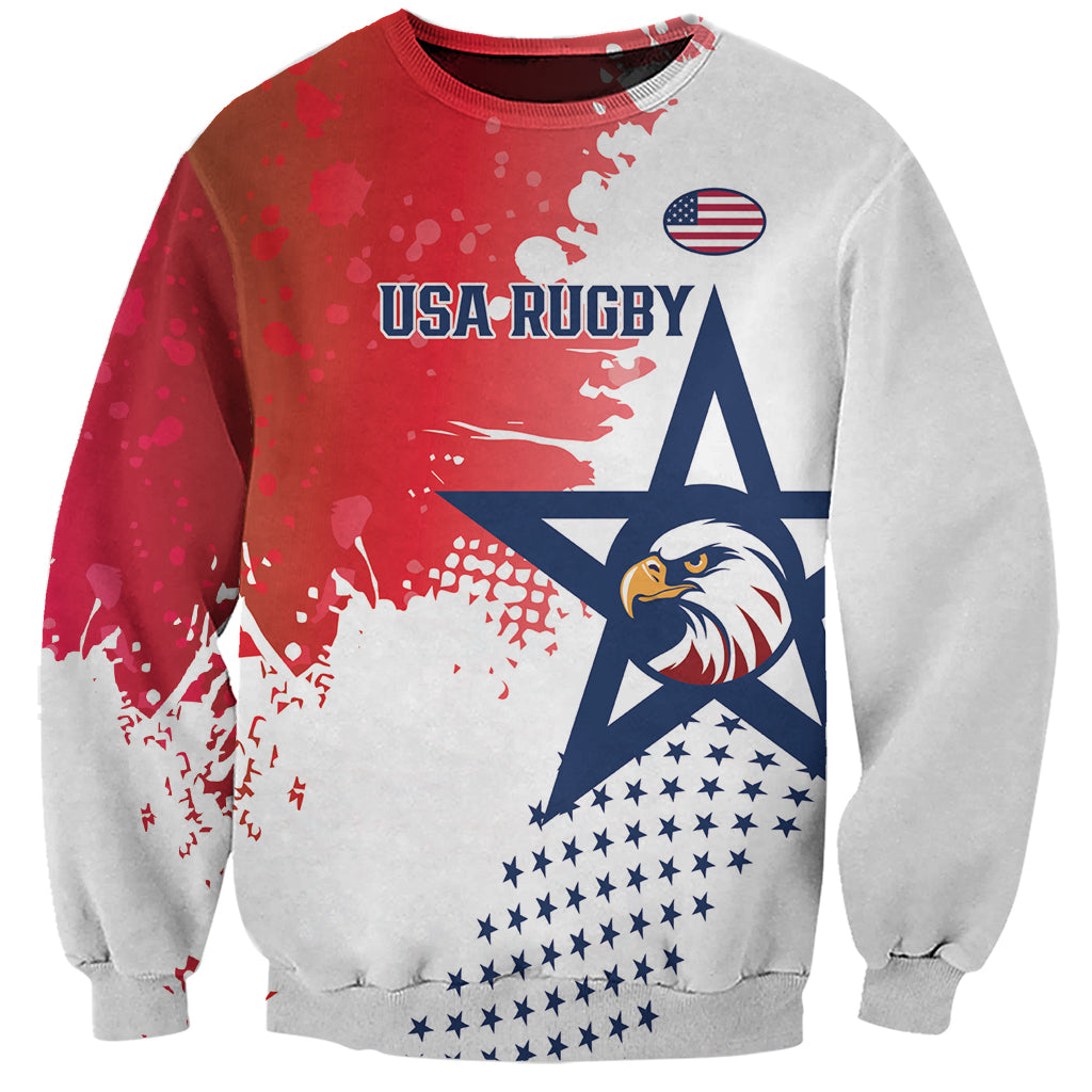Unisex rugby sweatshirt in red and gray with USA flag star and eagle graphic