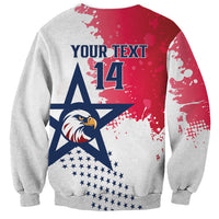 Unisex rugby sweatshirt back in red and gray with star eagle, "YOUR TEXT" and 14