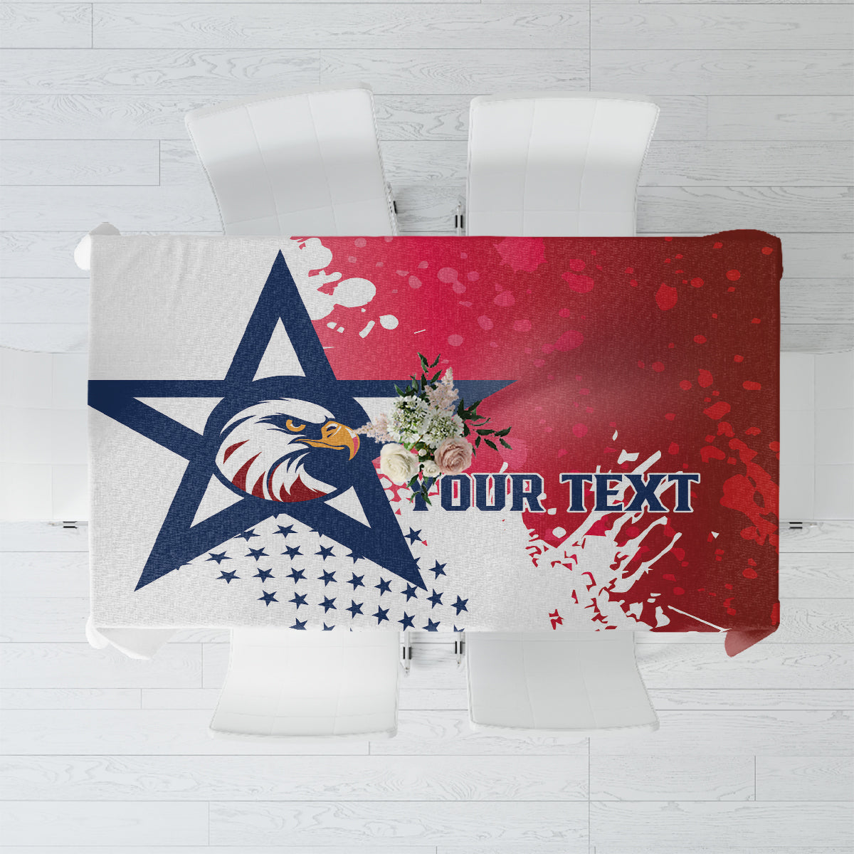 Custom rugby tablecloth with red, navy, and white eagle and star graphic