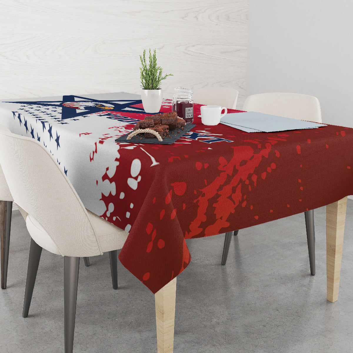 Custom rugby tablecloth on dining table with red splatter and navy stars design
