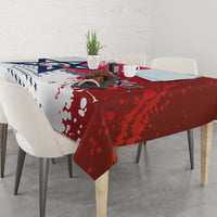 Custom rugby tablecloth on dining table with red splatter and navy stars design