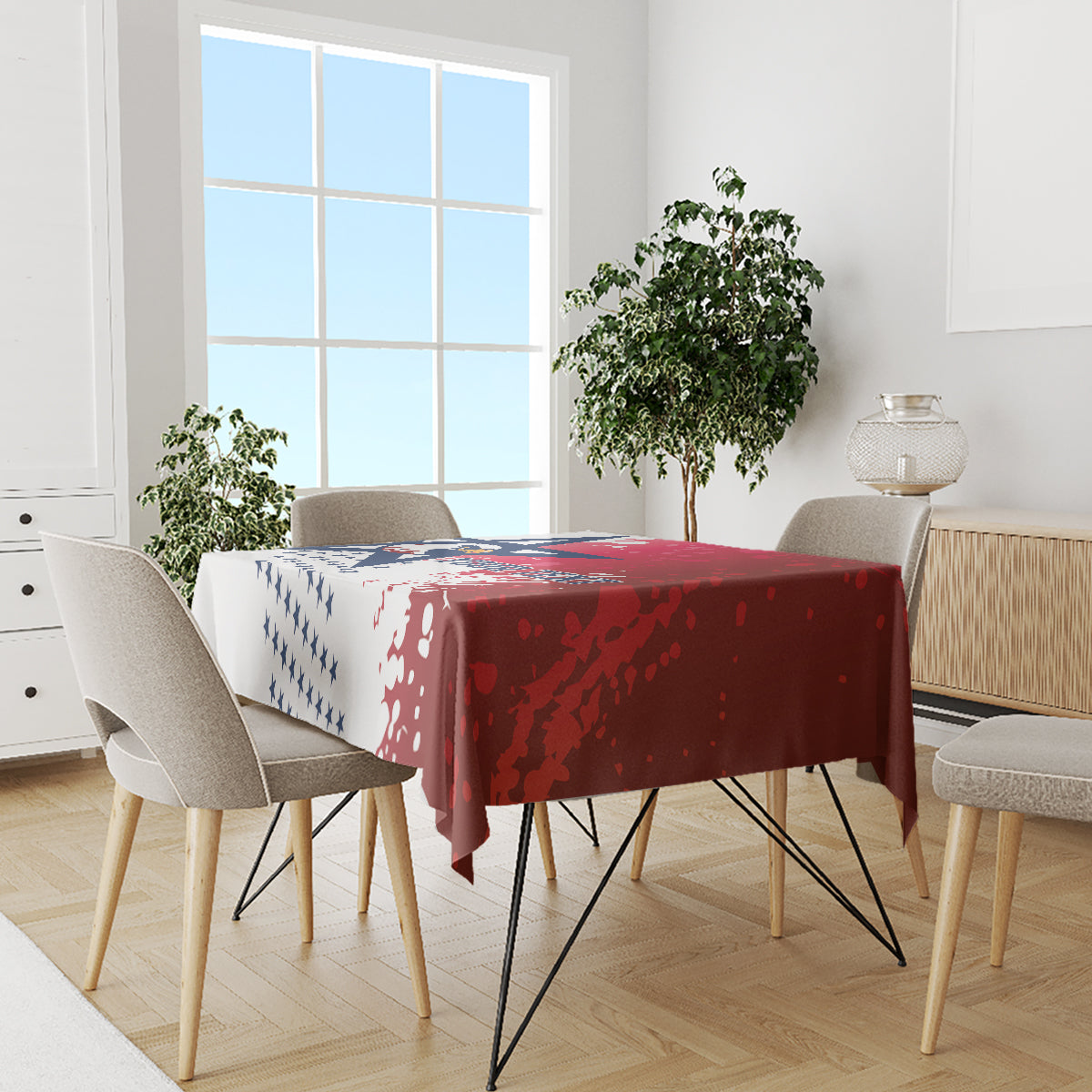 Custom rugby tablecloth on dining set, red and white with navy star border