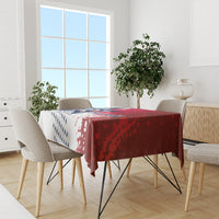 Custom rugby tablecloth on dining set, red and white with navy star border