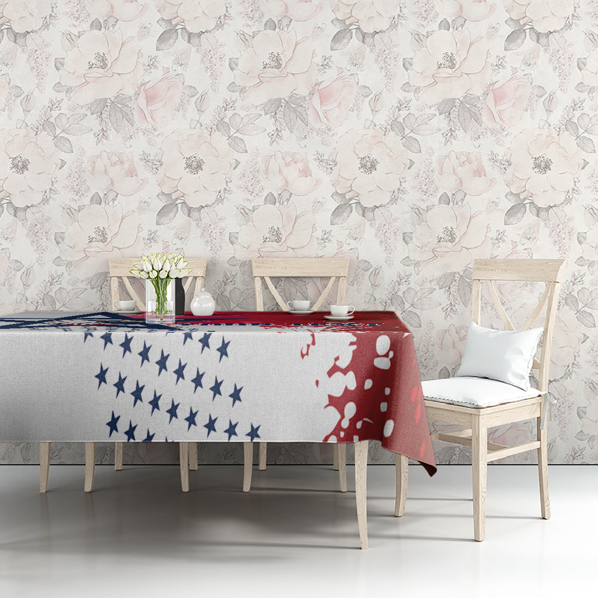 Custom rugby tablecloth on bench seating, red and white eagle and star print