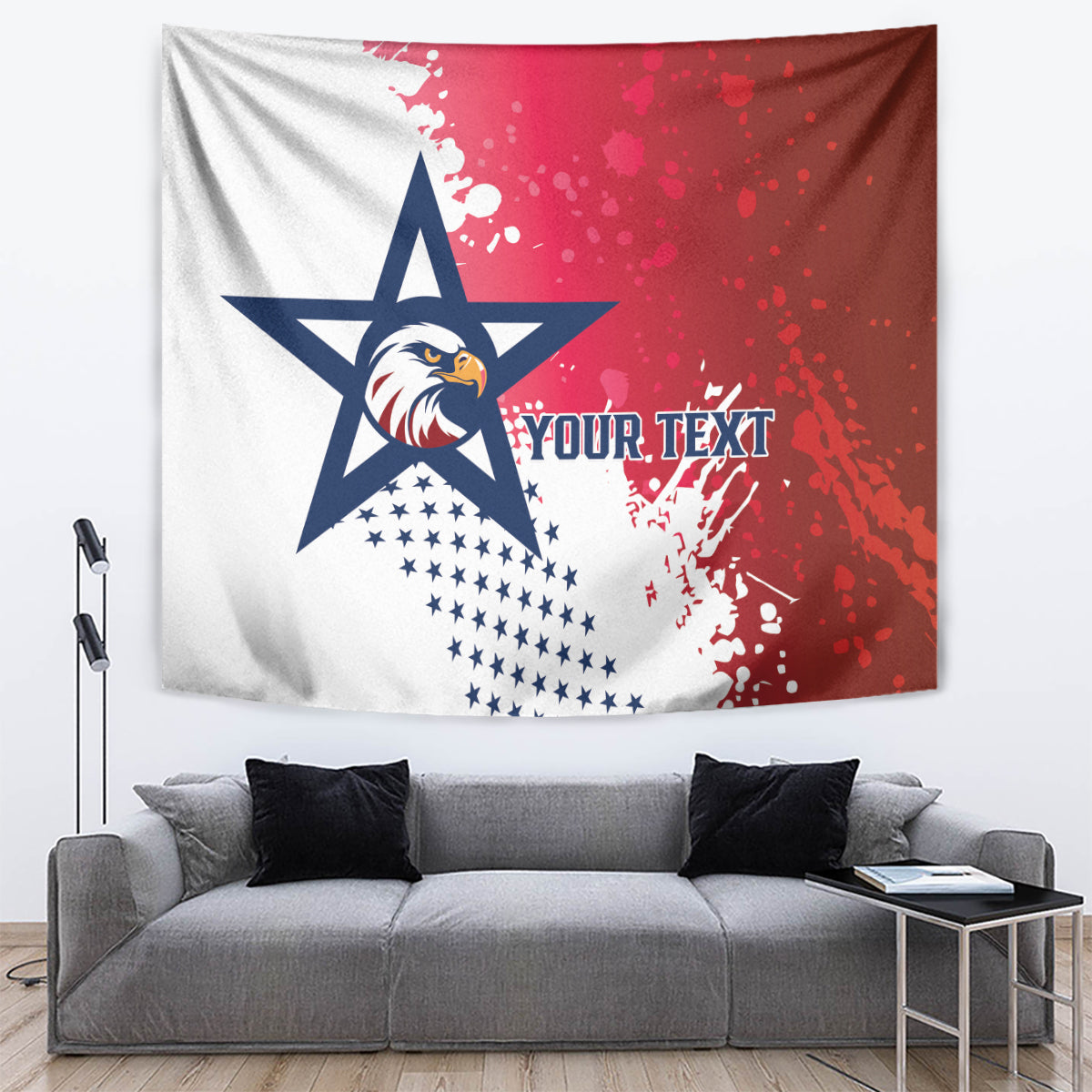 Rugby tapestry featuring eagle crest in a blue star with red splatter and white field.