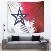 Rugby tapestry featuring eagle crest in a blue star with red splatter and white field.