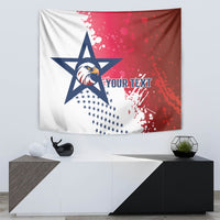 Centered rugby wall tapestry with eagle in blue star, red splatter, and 'YOUR TEXT'.