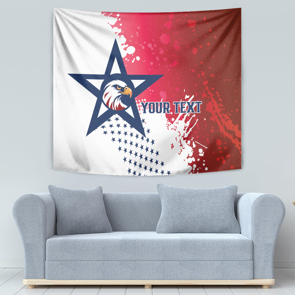 Rugby tapestry with eagle-and-star emblem, red splatter right half, and 'YOUR TEXT'.