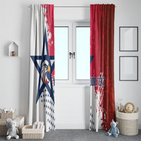 Pair of red and white custom rugby window curtains with eagle logo and stars