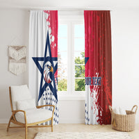 Red and white custom rugby window curtains with bold eagle emblem and star border