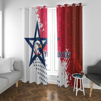 Red and white custom rugby window curtains with eagle emblem and “OUR TEXT”