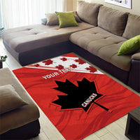 Red rugby area rug with maple-leaf logo, 'YOUR TEXT' stripe, and 'CANUCKS' text