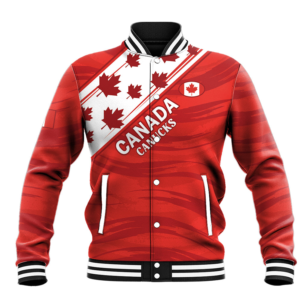 Red Canada-themed baseball varsity jacket with striped ribbed collar, snap buttons, maple leaves