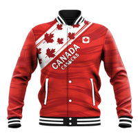 Red Canada-themed baseball varsity jacket with striped ribbed collar, snap buttons, maple leaves