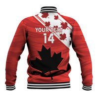 Red baseball varsity jacket back with YOURTEXT 14, maple leaf graphics, ribbed striped cuffs